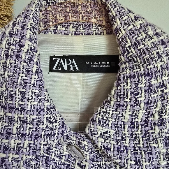 Zara, New, Purple Tweed Textured Fitted Preppy Cropped Blazer Jacket SZ Large - Picture 9 of 14